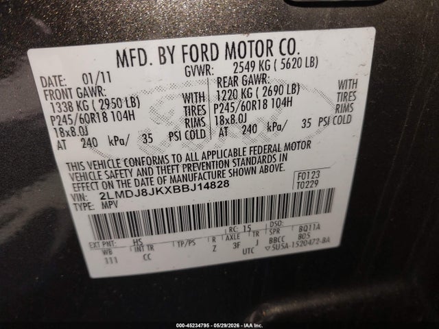 45234795 :رقم المزاد ، 2LMDJ8JKXBBJ14828 vin ، 2011 Lincoln Mkx مزاد بيع
