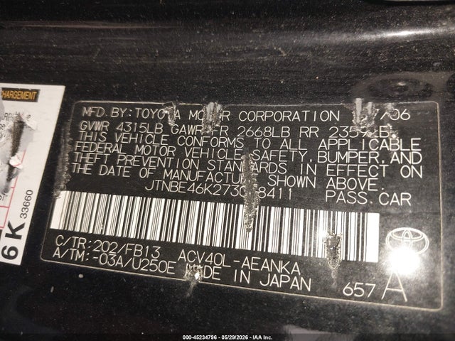 Продаж на аукціоні авто 2007 Toyota Camry Le, vin: JTNBE46K273038411, номер лоту: 45234796