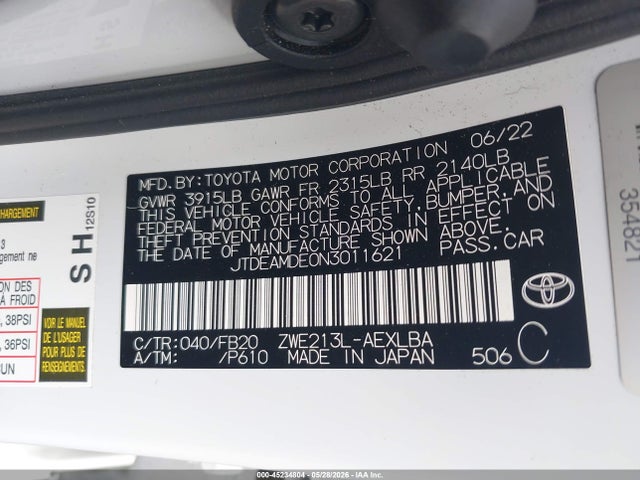 Продажа на аукционе авто 2022 Toyota Corolla Hybrid Le, vin: JTDEAMDE0N3011621, номер лота: 45234804