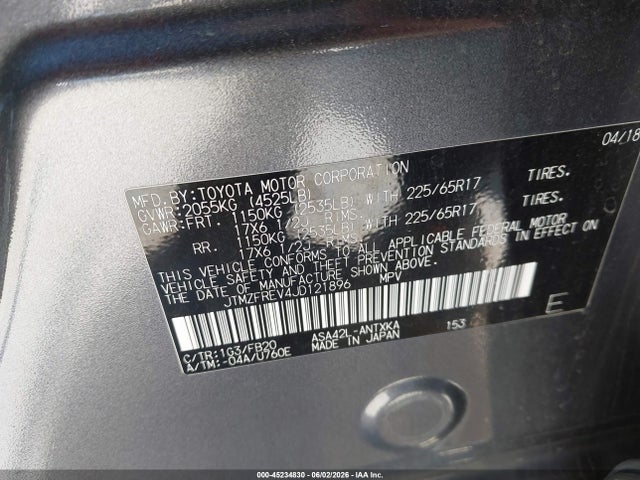 Aukcja sprzedaży 2018 Toyota Rav4 Le, vin: JTMZFREV4JD121896, numer aukcji: 45234830