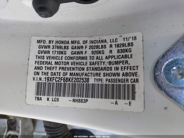 Aukcja sprzedaży 2019 Honda Civic Lx, vin: 19XFC2F68KE202538, numer aukcji: 45234844