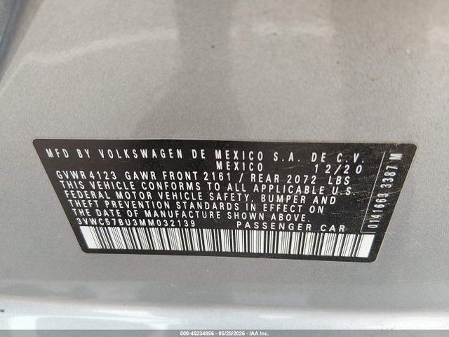 Продаж на аукціоні авто 2021 Volkswagen Jetta 1.4t R-line/1.4t S/1.4t Se, vin: 3VWC57BU3MM032139, номер лоту: 45234856