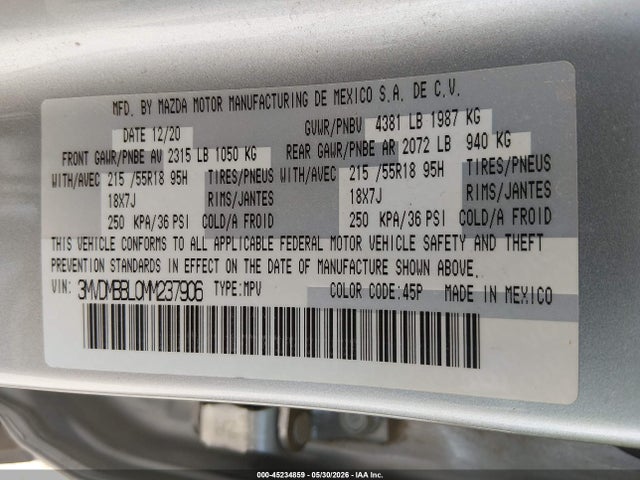 Aukcja sprzedaży 2021 Mazda Cx-30 Select, vin: 3MVDMBBL0MM237906, numer aukcji: 45234859