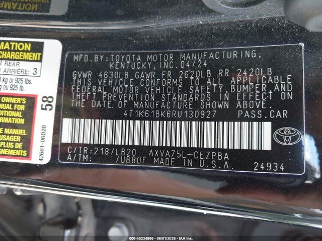 Aukcja sprzedaży 2024 Toyota Camry Xse, vin: 4T1K61BK6RU130927, numer aukcji: 45234866