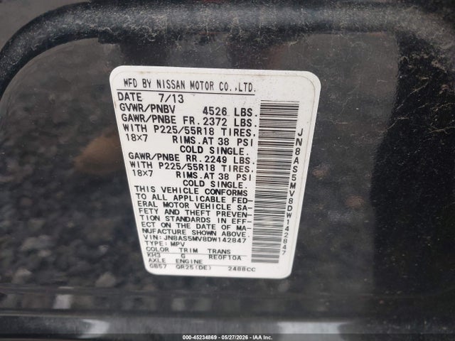 45234869 :رقم المزاد ، JN8AS5MV8DW142847 vin ، 2013 Nissan Rogue Sv W/sl Pkg مزاد بيع