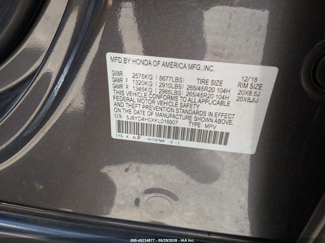 45234877 :رقم المزاد ، 5J8YD4H0XKL016907 vin ، 2019 Acura Mdx Tech   A-spec Pkgs مزاد بيع