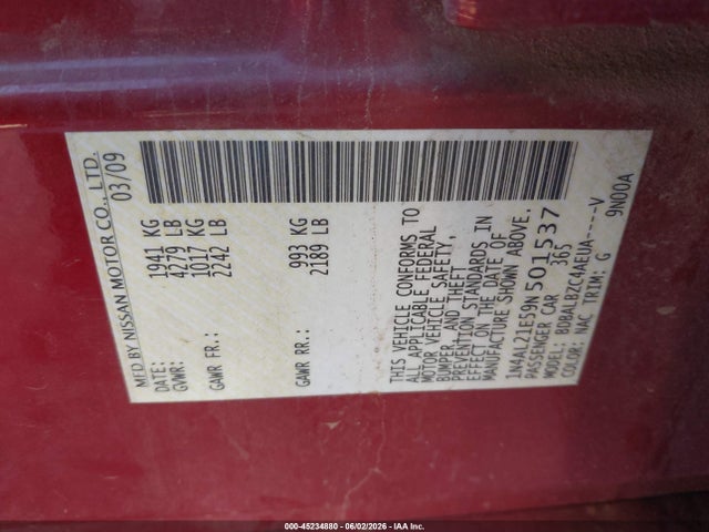 Aukcja sprzedaży 2009 Nissan Altima 2.5 S, vin: 1N4AL21E59N501537, numer aukcji: 45234880
