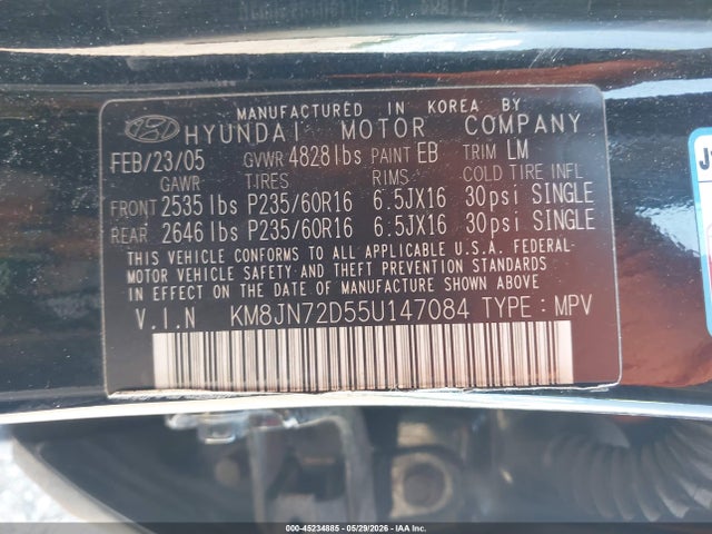 Aukcja sprzedaży 2005 Hyundai Tucson Gls/lx, vin: KM8JN72D55U147084, numer aukcji: 45234885