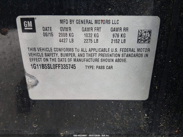 Aukcja sprzedaży 2015 Chevrolet Malibu Ls, vin: 1G11B5SL0FF335745, numer aukcji: 45234887