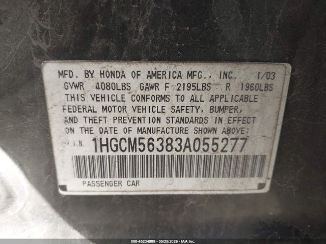 2003 Honda Accord 2.4 Lx მანქანა იყიდება აუქციონზე, vin: 1HGCM56383A055277, აუქციონის ნომერი: 45234888
