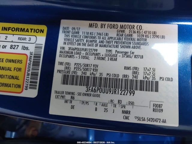 Aukcja sprzedaży 2018 Ford Fusion Hybrid S, vin: 3FA6P0UU9JR122799, numer aukcji: 45234894