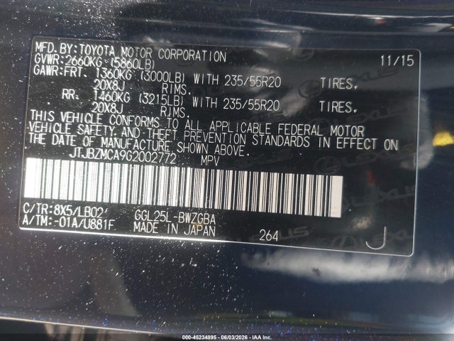45234895 :رقم المزاد ، JTJBZMCA9G2002772 vin ، 2016 Lexus Rx 350 مزاد بيع