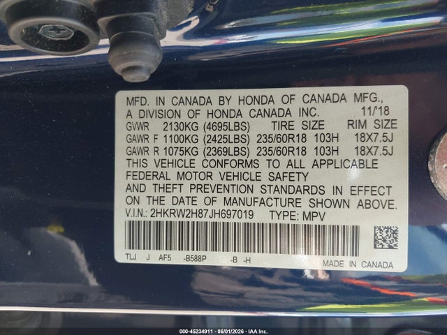 Aukcja sprzedaży 2018 Honda Cr-v Ex-l/ex-l Navi, vin: 2HKRW2H87JH697019, numer aukcji: 45234911