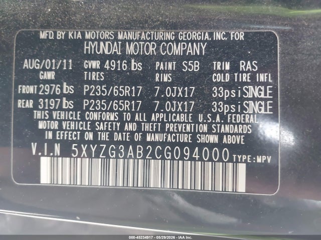 Продаж на аукціоні авто 2012 Hyundai Santa Fe Gls, vin: 5XYZG3AB2CG094000, номер лоту: 45234917
