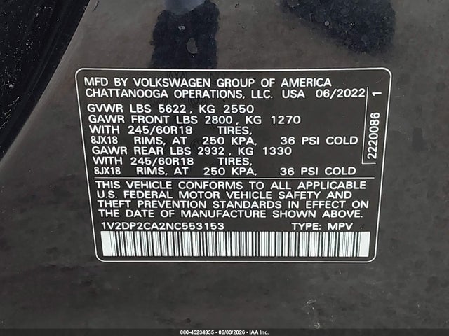 Aukcja sprzedaży 2022 Volkswagen Atlas 2.0t Se, vin: 1V2DP2CA2NC553153, numer aukcji: 45234935