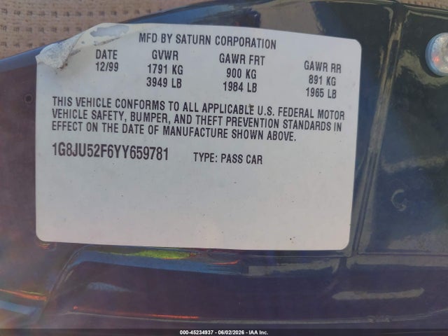 45234937 :رقم المزاد ، 1G8JU52F6YY659781 vin ، 2000 Saturn Ls1 مزاد بيع
