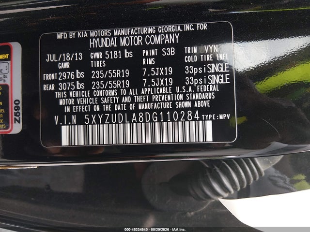 2013 Hyundai Santa Fe Sport 2.0t მანქანა იყიდება აუქციონზე, vin: 5XYZUDLA8DG110284, აუქციონის ნომერი: 45234940