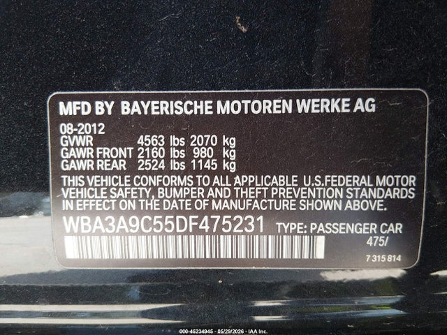 Продажа на аукционе авто 2013 Bmw 335i, vin: WBA3A9C55DF475231, номер лота: 45234945