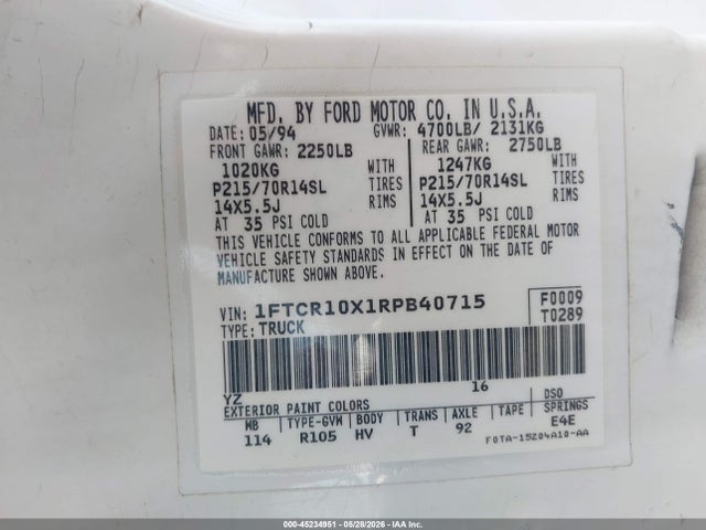 45234951 :رقم المزاد ، 1FTCR10X1RPB40715 vin ، 1994 Ford Ranger مزاد بيع