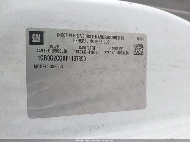 2015 Chevrolet Express Cutaway 3500 მანქანა იყიდება აუქციონზე, vin: 1GB0G2CGXF1137390, აუქციონის ნომერი: 45234952