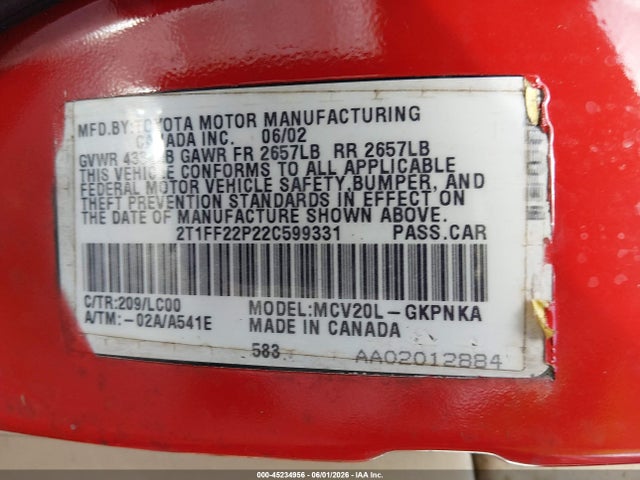 45234956 :رقم المزاد ، 2T1FF22P22C599331 vin ، 2002 Toyota Camry Solara Sle V6 مزاد بيع