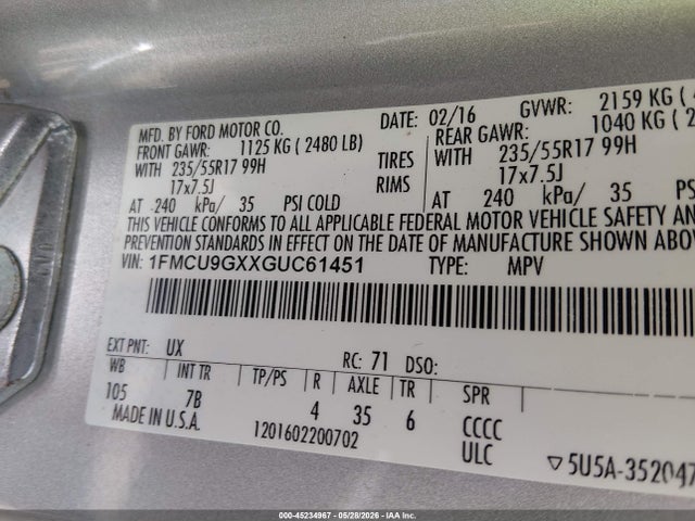 45234967 :رقم المزاد ، 1FMCU9GXXGUC61451 vin ، 2016 Ford Escape Se مزاد بيع