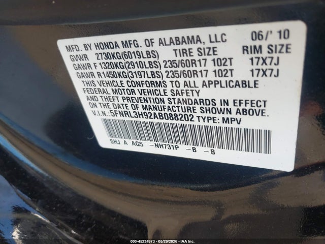 Продаж на аукціоні авто 2010 Honda Odyssey Touring, vin: 5FNRL3H92AB088202, номер лоту: 45234973