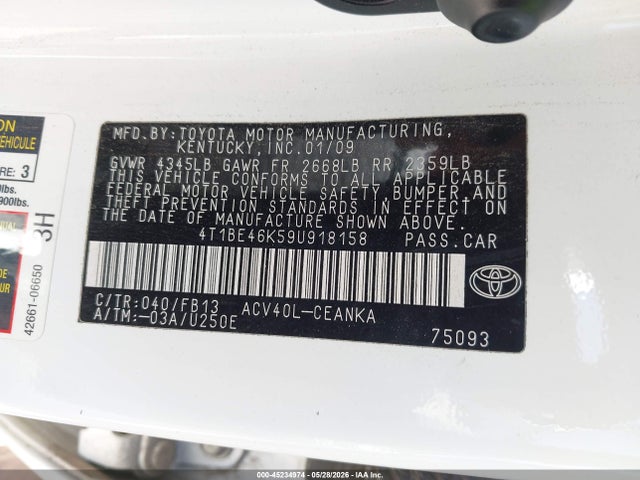 Aukcja sprzedaży 2009 Toyota Camry Le, vin: 4T1BE46K59U918158, numer aukcji: 45234974
