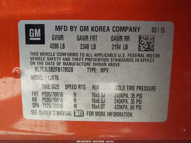 KL7CJLSB2FB178528 Chevrolet Trax Lt