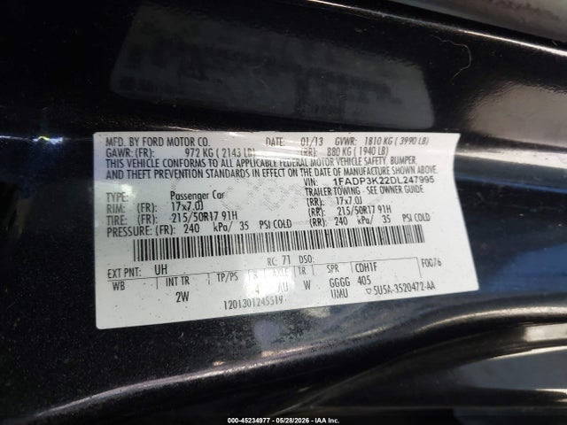 Auction sale of the 2013 Ford Focus Se, vin: 1FADP3K22DL247995, lot number: 45234977