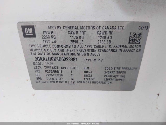 Aukcja sprzedaży 2013 Gmc Terrain Slt-1, vin: 2GKALUEK3D6328981, numer aukcji: 45234983