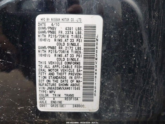 Aukcja sprzedaży 2010 Nissan Rogue S, vin: JN8AS5MVXAW611545, numer aukcji: 45234988