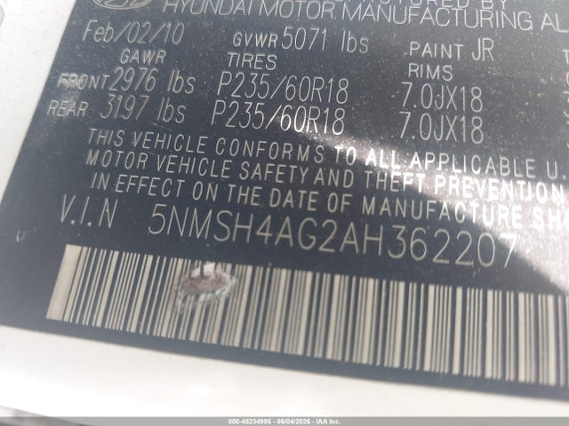 45234995 :رقم المزاد ، 5NMSH4AG2AH362207 vin ، 2010 Hyundai Santa Fe Se مزاد بيع