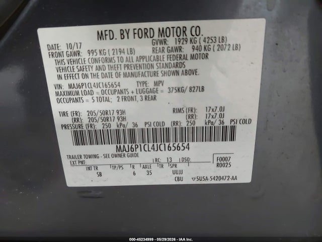 Продаж на аукціоні авто 2018 Ford Ecosport Ses, vin: MAJ6P1CL4JC165654, номер лоту: 45234999