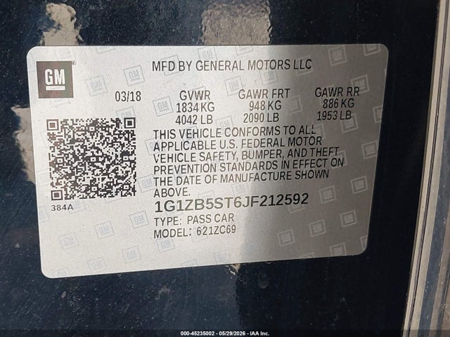 45235002 :رقم المزاد ، 1G1ZB5ST6JF212592 vin ، 2018 Chevrolet Malibu 1ls مزاد بيع