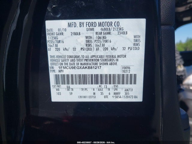 2010 Ford Escape Limited მანქანა იყიდება აუქციონზე, vin: 1FMCU9EGXAKB81217, აუქციონის ნომერი: 45235007