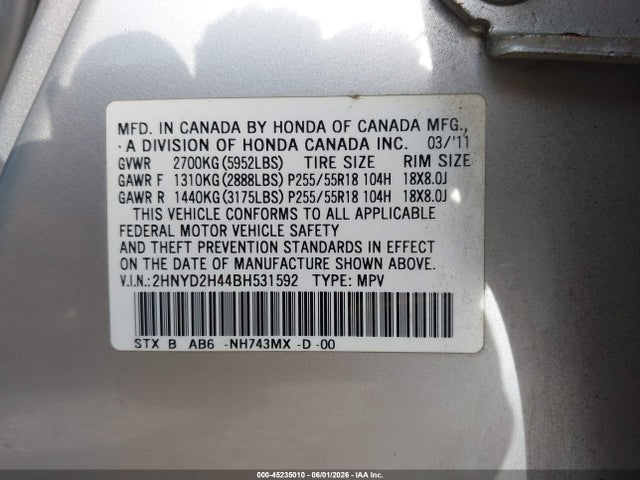Aukcja sprzedaży 2011 Acura Mdx Technology Package, vin: 2HNYD2H44BH531592, numer aukcji: 45235010