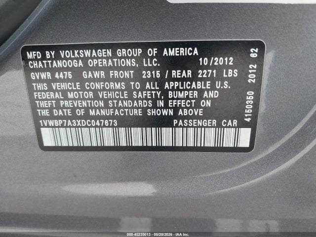2013 Volkswagen Passat 2.5l Se მანქანა იყიდება აუქციონზე, vin: 1VWBP7A3XDC047673, აუქციონის ნომერი: 45235013