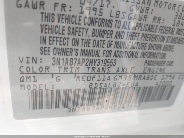 2017 Nissan Sentra S მანქანა იყიდება აუქციონზე, vin: 3N1AB7AP2HY319553, აუქციონის ნომერი: 45235024