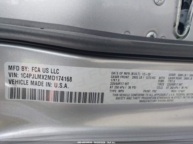 2021 Jeep Cherokee Latitude Lux Fwd მანქანა იყიდება აუქციონზე, vin: 1C4PJLMX2MD174168, აუქციონის ნომერი: 45235036