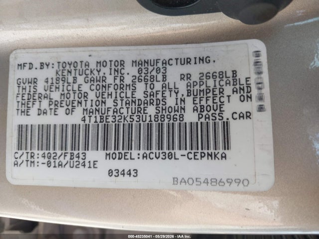 2003 Toyota Camry Le მანქანა იყიდება აუქციონზე, vin: 4T1BE32K53U188968, აუქციონის ნომერი: 45235041