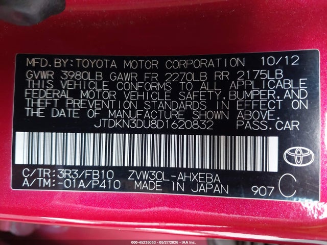 Aukcja sprzedaży 2013 Toyota Prius Two, vin: JTDKN3DU8D1620832, numer aukcji: 45235053