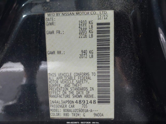 2013 Nissan Altima 2.5 Sv მანქანა იყიდება აუქციონზე, vin: 1N4AL3AP9DN489148, აუქციონის ნომერი: 45235073