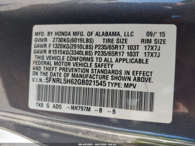 Aukcja sprzedaży 2016 Honda Odyssey Ex-l, vin: 5FNRL5H62GB021545, numer aukcji: 45235091