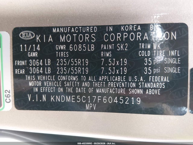 Продажа на аукционе авто 2015 Kia Sedona Sx Luxury, vin: KNDME5C17F6045219, номер лота: 45235092