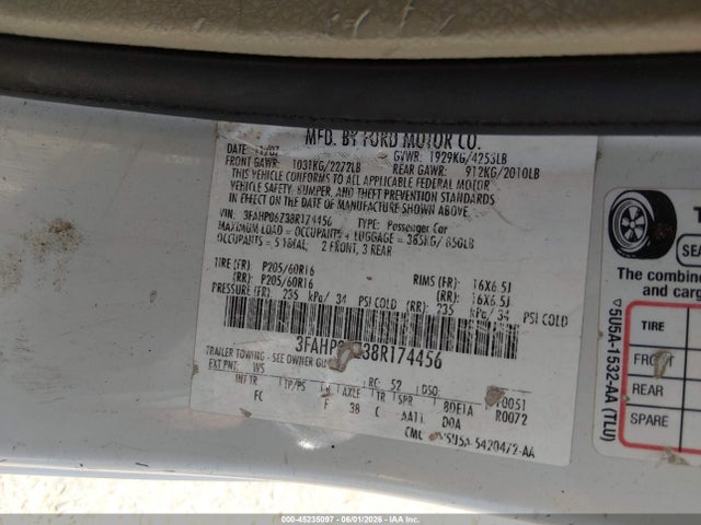 45235097 :رقم المزاد ، 3FAHP06Z38R174456 vin ، 2008 Ford Fusion S مزاد بيع