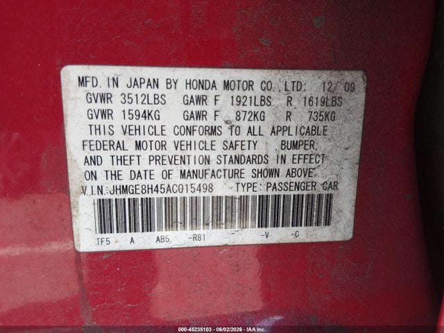 Продажа на аукционе авто 2010 Honda Fit Sport, vin: JHMGE8H45AC015498, номер лота: 45235103