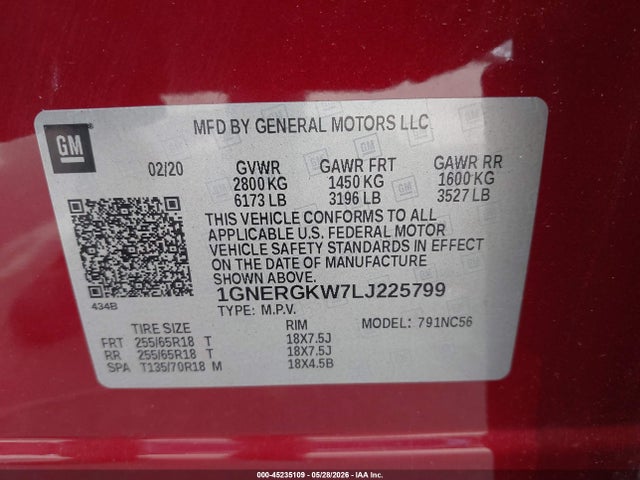 Продажа на аукционе авто 2020 Chevrolet Traverse Fwd Lt Cloth, vin: 1GNERGKW7LJ225799, номер лота: 45235109