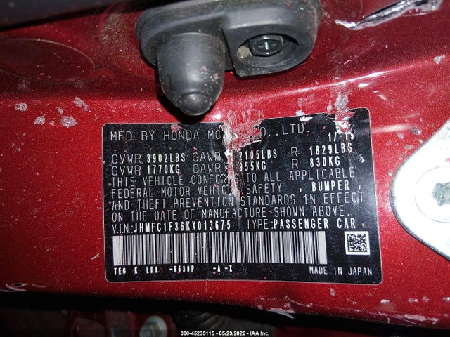 Honda CIVIC EX 2019 JHMFC1F36KX013675 Image 9