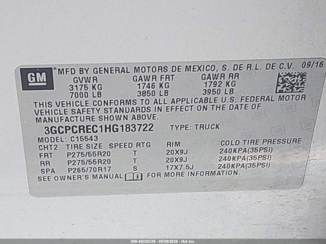 Продажа на аукционе авто 2017 Chevrolet Silverado 1500 1lt, vin: 3GCPCREC1HG183722, номер лота: 45235126